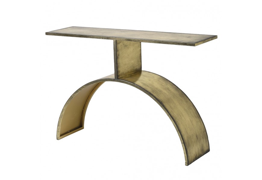 Luxusný konzolový stolík Lobette v zostarnutom prevedení so železnou konštrukciou v zlatej farbe a tvarovanými nožičkami
