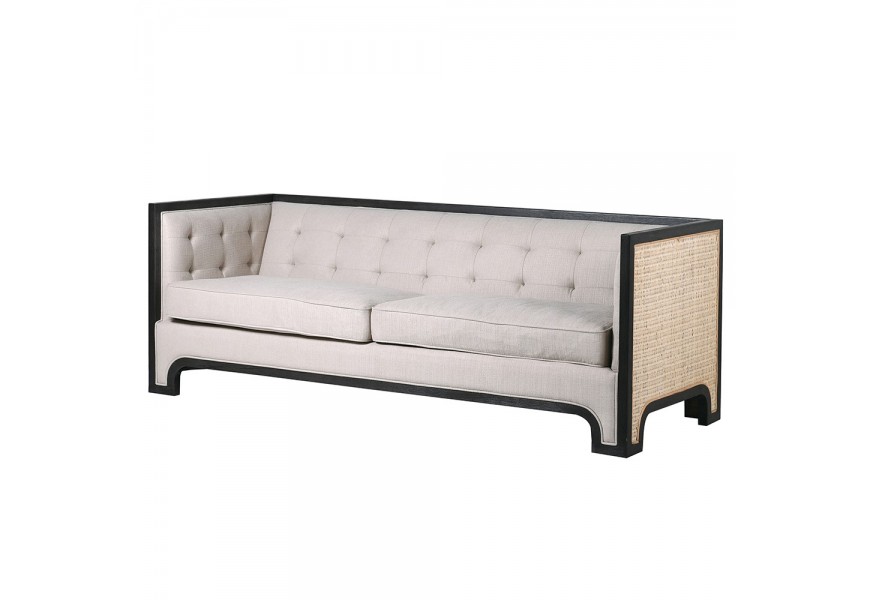 Luxusná trojsedačka Zenith v art-deco štýle so sivým čalúnením s kovovým rámom čiernej farby a ratanovým výpletom