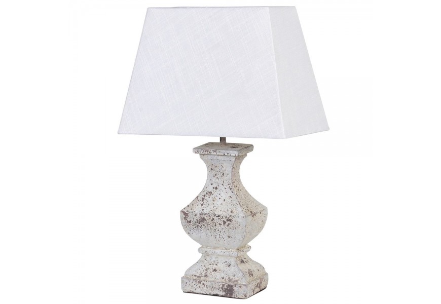 Štýlová vintage stolná lampa Tody so sivo-hnedou podstavou zo živicovej zmesi a kontrastným bielym geometrickým tienidlom