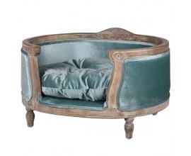 Vintage luxusná posteľ pre psa Blue Velvet oválneho tvaru so zamatovým tyrkysovým poťahom a drevenou konštrukciou 75cm