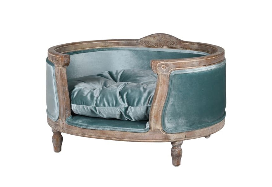 Štýlová luxusná posteľ pre psa Blue Velvet oválneho tvaru s tyrkysovým čalúnením zo zamatu