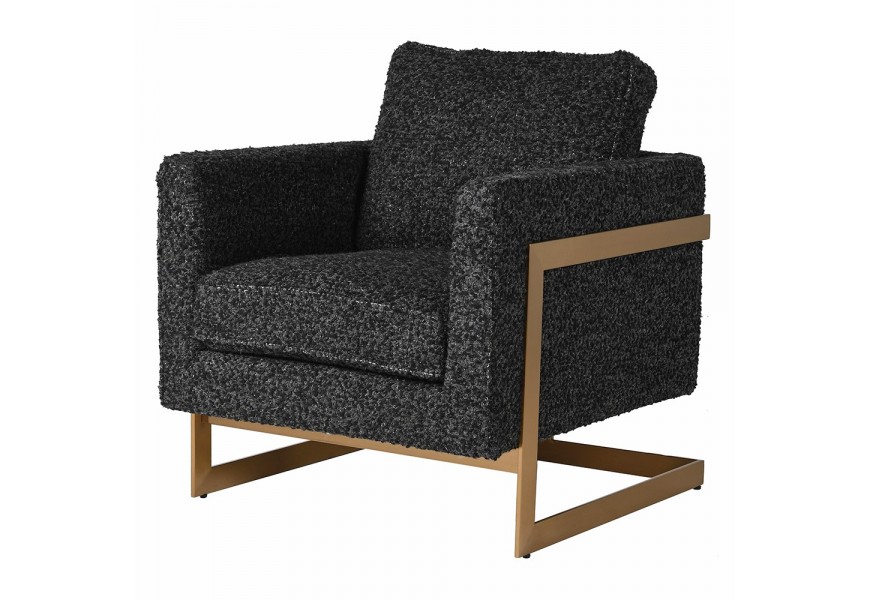 Bouclé moderné kreslo Assetta  s kovovou podstavou v zlatej farbe so štýlovým čalúnením čiernej farby