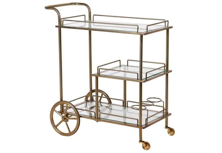 Dizajnový servírovací vozík na kolieskach Oppido v art deco štýle v mosadznom zlatom prevedení