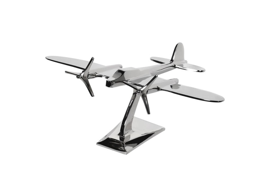 Štýlová chrómová dekoračná soška lietadla Aeroplane Silver z kovu v lesklom striebornom prevedení