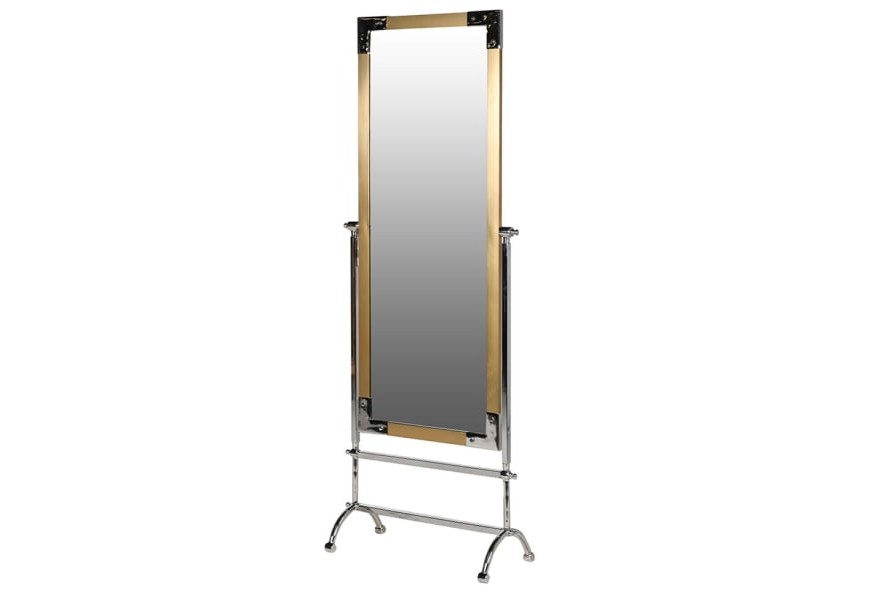 Dizajnové stojace zrkadlo Okawa so striebornou chrómovou konštrukciou so zlatými prvkami v industriálnom štýle