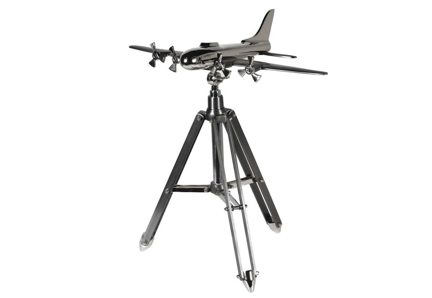 Štýlová dekoratívna soška lietadla Aeroplane Silver z kovu striebornej farby na podstavci