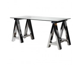 Art deco chrómový písací stôl Mirabel s kovovou konštrukciou a sklenenou obdĺžnikovou povrchovou doskou 160cm