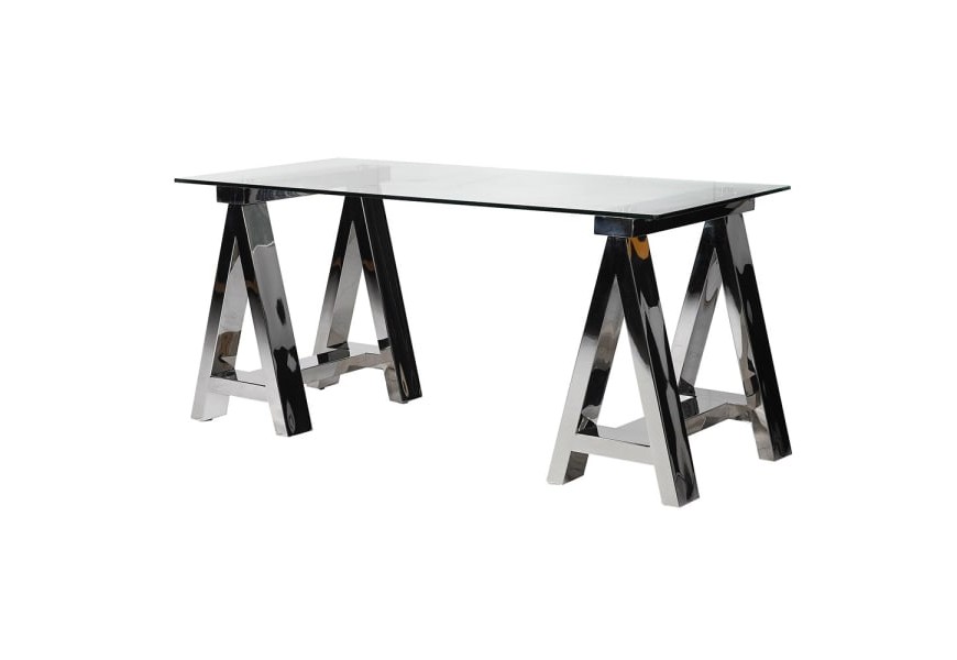 Dizajnový art-deco kancelársk stôl Mirabel s chrómovou striebornou konštrukciou z kovu a sklanenou obdĺžnikovou doskou