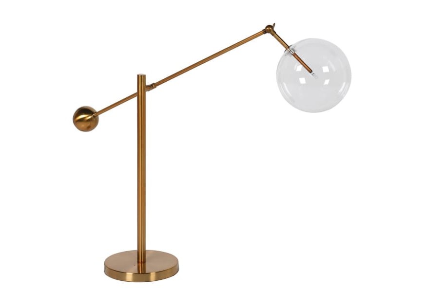 Dizajnová moderná stolná lampa Samoa so zlatou konštrukciou z kovu a guľatým skleneným tienidlom