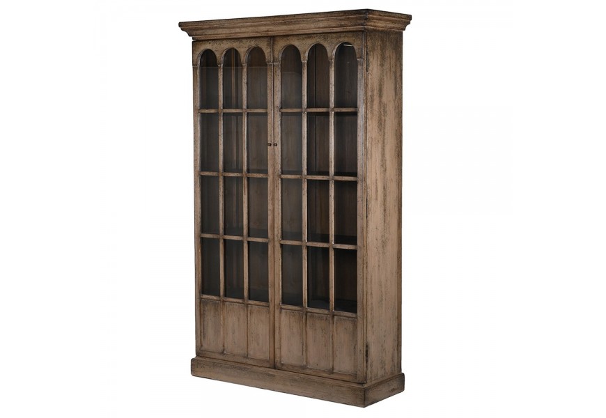 Presklen&aacute; vysok&aacute; rustik&aacute;lna vitr&iacute;na Darks z mas&iacute;vu s dvierkami v tmavej čokol&aacute;dovej hnedej farbe s o&scaron;&uacute;chan&yacute;m efektom 203cm