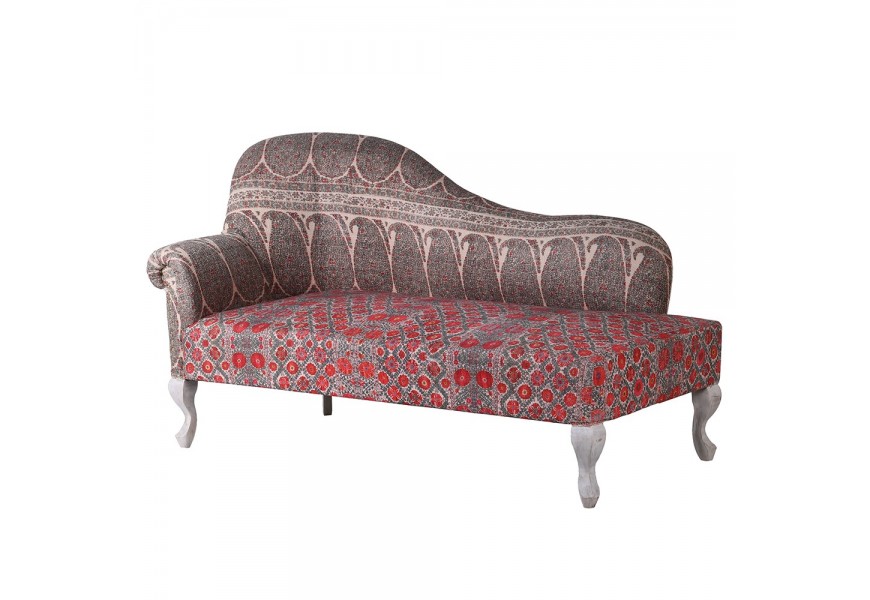 Luxusná orientálna čalúnená leňoška Burgas z mangového dreva a oblými nožičkami v bielej farbe s etno vzormi v červeno-sivom vyhotovení