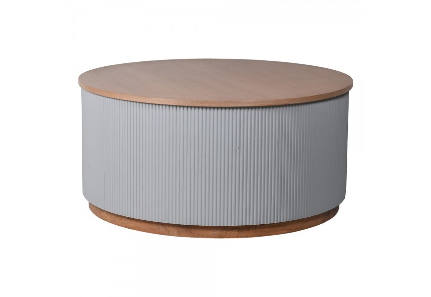 Dizajnový konferenčný stolík Bennion v okrúhlom tvare z masívneho dubového dreva hnedej farby so perlovým sivým reliéfom