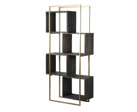 Art-deco dizajnový regál Bunta z čierneho masívneho dreva v tvare štvorcov s kovovou konštrukciou zlatej farby 195cm