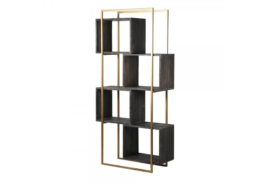 Moderný regál Bunta s poličkami v prevedení štvorcov z čierneho masívu s konštrukciou v kovovom prevedení zlatej farby
