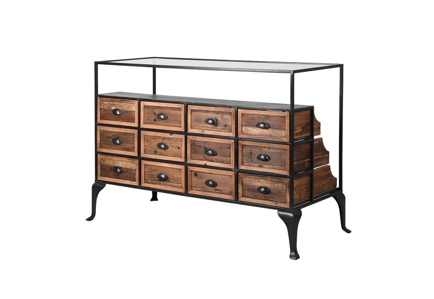 Industriálna masívna komoda Ameda hnedej farby s čiernou konštrukciou s dvanástimi zásuvkami 142cm