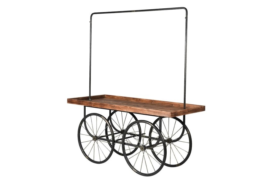 Industriálny vintage vozík Katar z masívneho dreva s čiernym kovovým rámom a štyrmi kolesami
