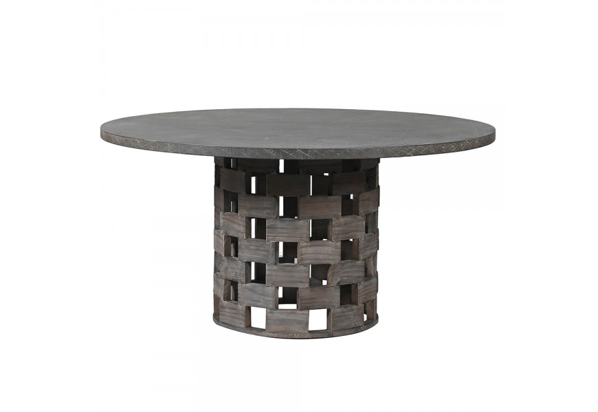 Moderný jedálenský stôl Lattice s okrúhlou vrchnou doskou v čiernom betónovom vyhotovení s podstavou z masívu