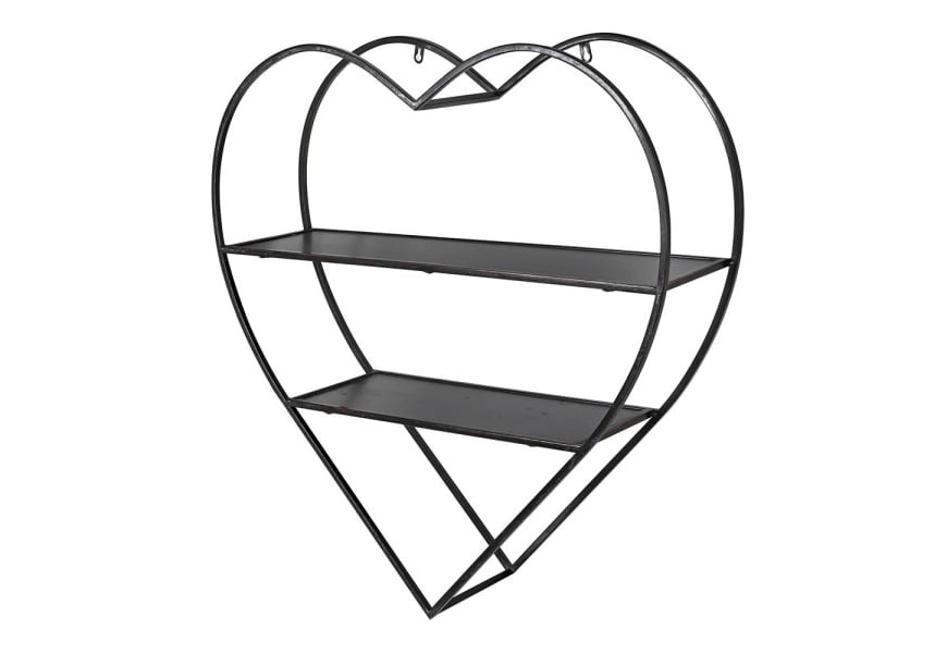 Dizajnový závesný kovový regál Heartshape čiernej farby v tvare srdca s dvomi poličkami