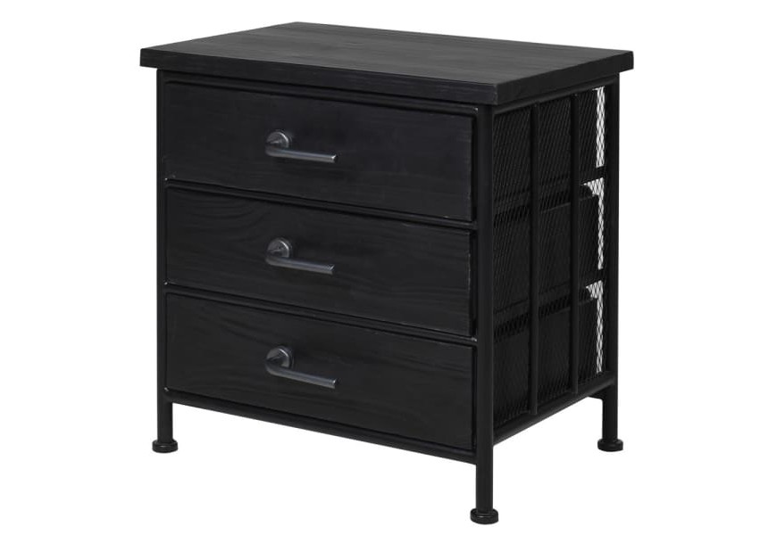 Industri&aacute;lny mas&iacute;vny nočn&yacute; stol&iacute;k Imena v čiernej farby s kovovou kon&scaron;trukciou a s tromi z&aacute;suvkami 51cm