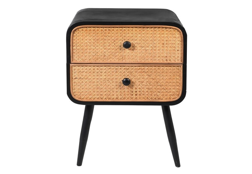 Dizajnový ratanový nočný stolík Omahu s čiernou kovovou konštrukciou a dvomi zásuvkami 60cm