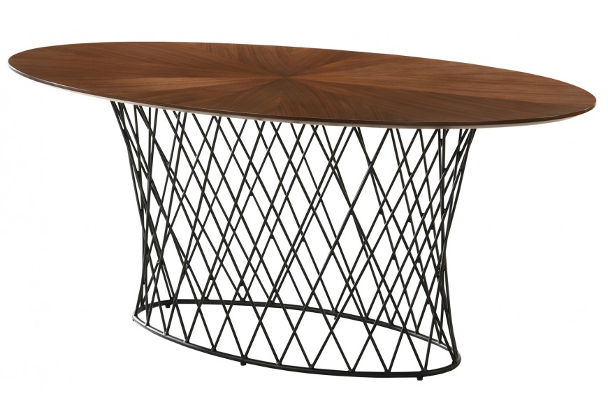 Dizajnový oválny jedálenský stôl Nordica Nogal v orechovo hnedom prevedení s prekrižovanou kovovou podstavou