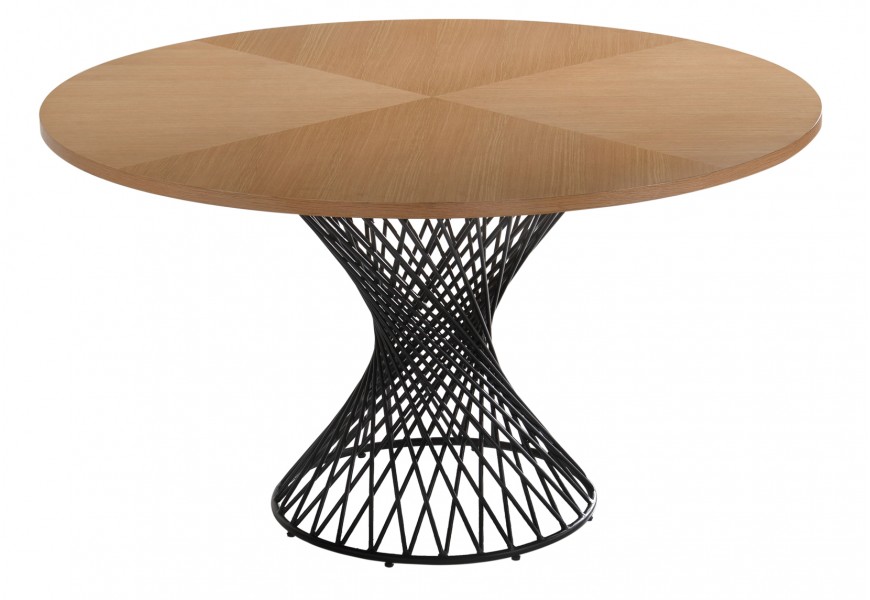 Moderný okrúhly jedálenský stôl Nordica Clara z dyhovaného dubového dreva svetlo hnedej farby s čierou podstavou z kovu