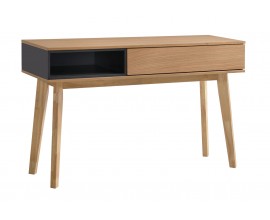 Dizajnový škandinávsky konzolový stolík Nordica Clara z dyhovaného svetlo hnedého dreva s čiernou poličkou prevedenie dub