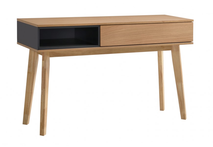 Dizajnový škandinávsky konzolový stolík Nordica Clara z dyhovaného svetlo hnedého dreva s čiernou poličkou prevedenie dub