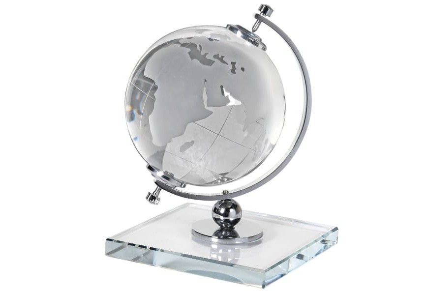 Dizajnov&yacute; sklenen&yacute; gl&oacute;bus Crystal Globe s kovovou kon&scaron;trukciou na sklenenom podstavci 26cm