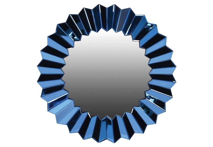 Elegantné moderné zrkadlo Senchi s okrúhlym rámom elektrickej modrej farby so zrkadlovým efektom