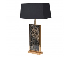 Štýlová art deco stolná lampa Deby s kovovou konštrukciou v zlatej lesklej farbe, čiernym textilným tienidlom a vklineným mramorovým dekorom v čiernej farbe