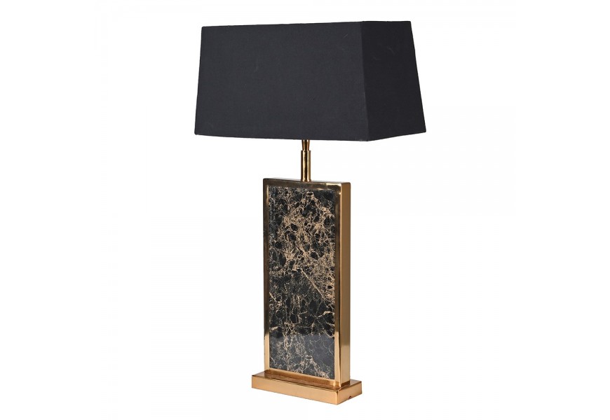 Štýlová art deco stolná lampa Deby s kovovou konštrukciou v zlatej lesklej farbe, čiernym textilným tienidlom a vklineným mramor