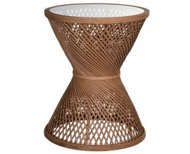 Dizajnový príručný stolík Bambi v koloniálnom štýle s bambusovým výpletom konštrukcie v čokoládovej hnedej farbe so sklenenou vrchnou doskou