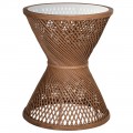 Dizajnový príručný stolík Bambi v koloniálnom štýle s bambusovým výpletom konštrukcie v čokoládovej hnedej farbe so sklenenou vr