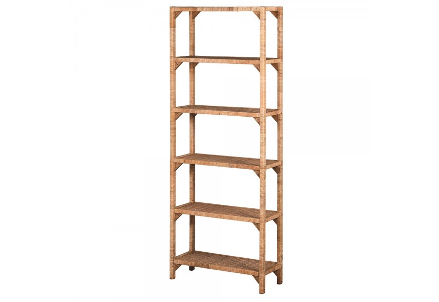 Štýlový ratanový regál Ratina na nožičkách s piatimi poličkami a otvoreným úložným priestorom