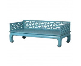 Luxusná orientálna posteľ Azuleto II z brestového dreva v tyrkysovom modrom prevedení a unikátnym vyrezávaným dekorom 100cm
