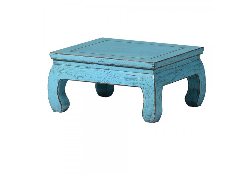 Orientálna drevená luxusná podnožka Azuleto III v tyrkysovom prevedení s medenou patinou na hranách a štyrmi oblými nožičkami