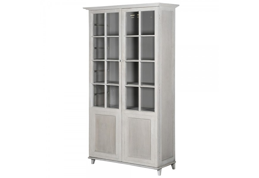 Provance off-white biela vitrína Devine z borovicového dreva s presklenou skrinkou s okrúhlymi rukoväťami v rustikálnom štýle