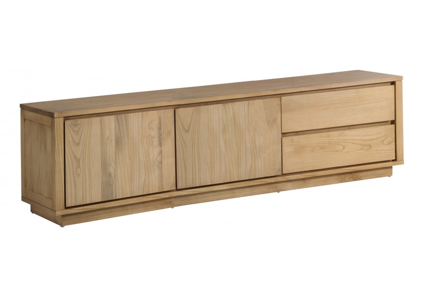 Masívny hnedý TV stolík Fjordar v škandinávskom štýle s dvomi zásuvkami a štyrmi policami teak