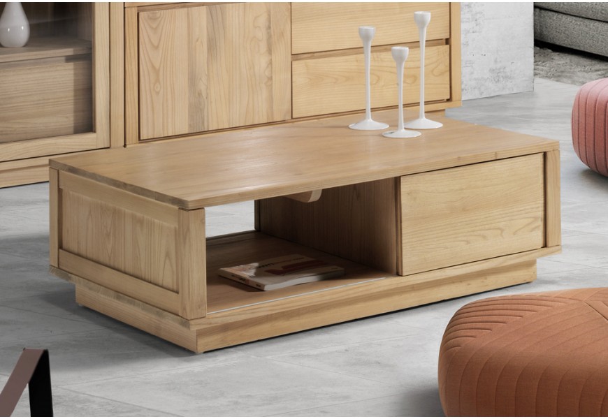 Drevený škandinávsky konferenčný stolík Fjordar z masívu s poličkou a zásuvkou bledo hnedý obdĺžnikový