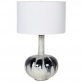 Vintage sklenené čierno-biela stolná lampa Jaquen s abstraktnou kresbou bavlneným tienidlom a úzkym hrdlom 63cm