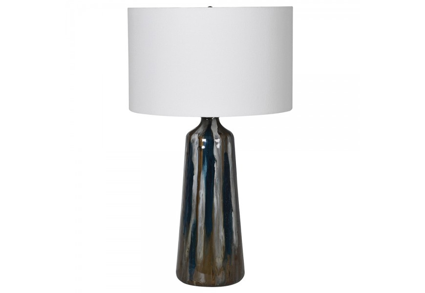 Vintage sklenená sivo-biela stolná lampa Myrcella s lesklým popolovým telom a bavlneným tienidlom 70cm