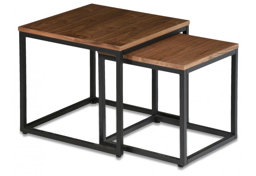 Dizajnový štvorcový set konferenčných stolíkov Vidar s čiernou kovovou podstavou a drevom v naturálnom hnedom prevedení