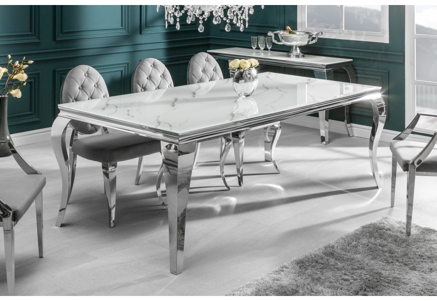 Moderní barokní bílo stříbrný dlouhý jídelní stůl Modern Barock pro deseti lidí s mramorovou deskou