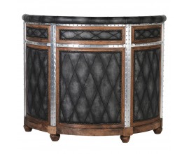 Vintage kožený čierny polkruhový barový pult Melisandre s presklenou skrinkou a striebronými a medenými detailami 140cm