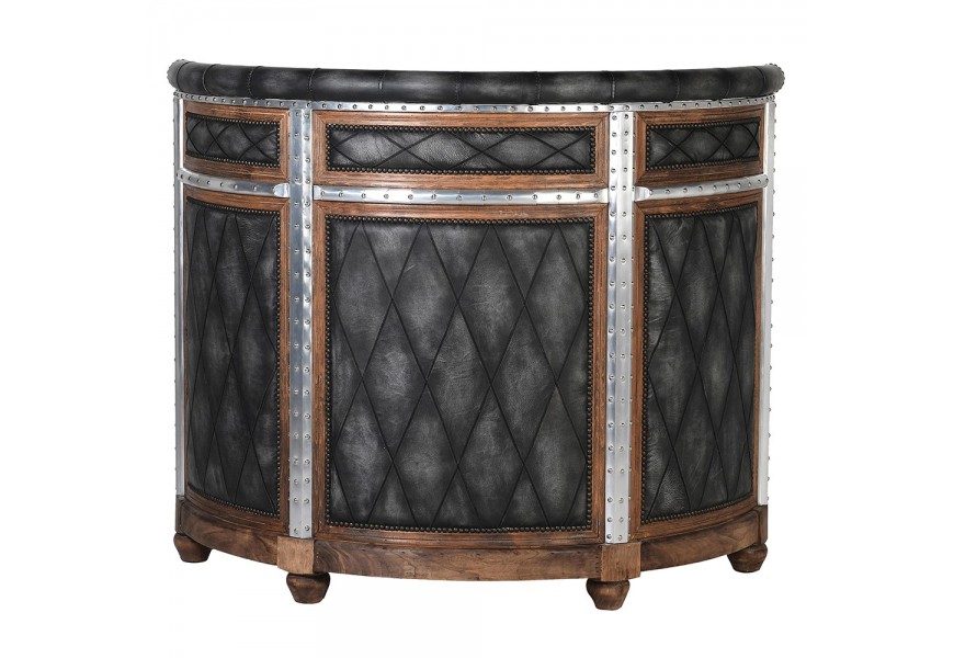 Vintage kožený čierny polkruhový barový pult Melisandre s presklenou skrinkou a striebronými a medenými detailami 140cm