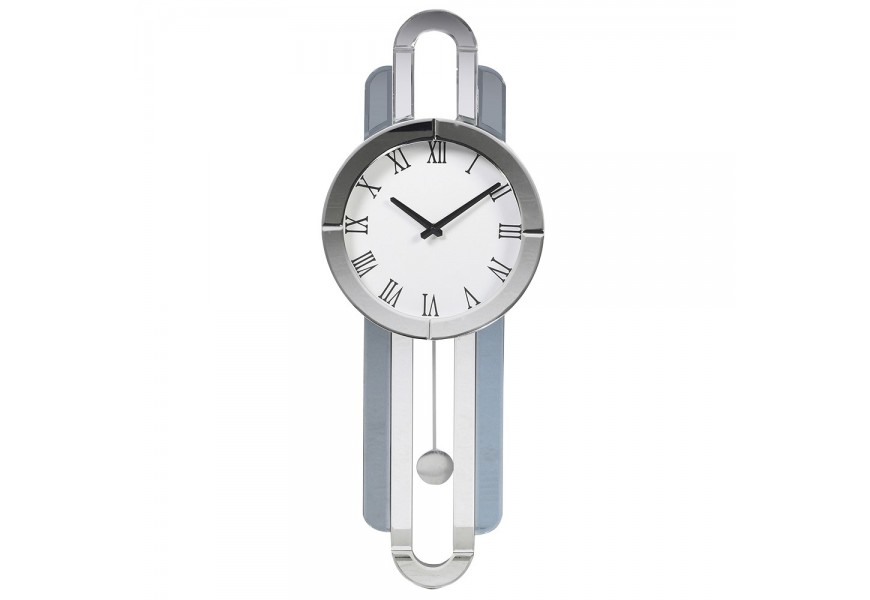 Zrkadlov&eacute; art deco n&aacute;stenn&eacute; hodiny Obara s bielou vn&uacute;tornou časťou a modrosiv&yacute;mi okrajmi a zrkadlov&yacute;m kyvadlom 80cm