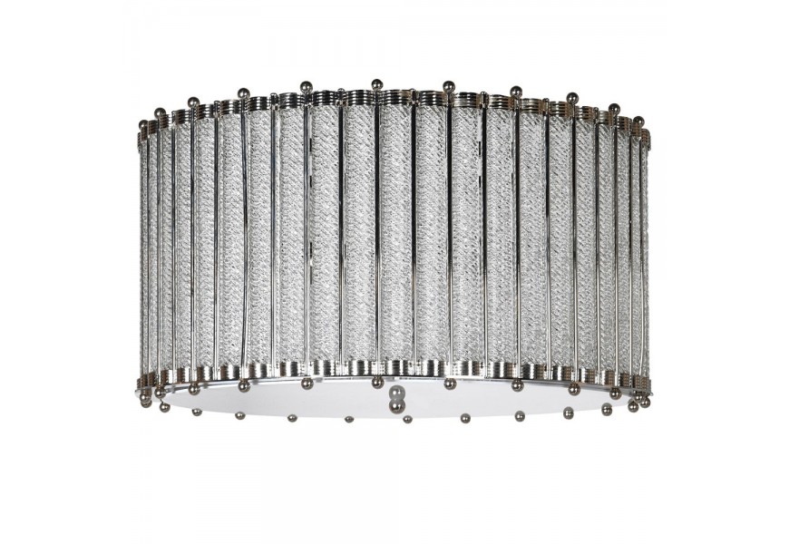 Art deco n&iacute;zky valcovit&yacute; sklenen&yacute; luster Crisston s detailami striebornej farby a lesklou spodnou časťou 53cm