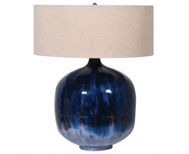 Art deco nočná lampa Laguna v zafírovo modrej farbe s okrúhlym textilným béžovým tienidlom 67cm 