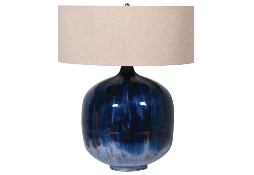 Štýlová art deco stolná lampa Laguna s keramickou podstavou zafírovo modrej farby s béžovým textilným tienidlom